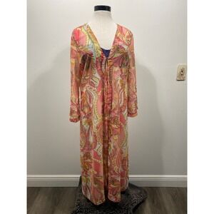 Mare Blu Milano Kimono Boho Cover Up Pink‎ Yellow Paisley Long Sleeve Beach Pool